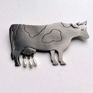 Silver Cow Faux Pearl Brooch by JJ